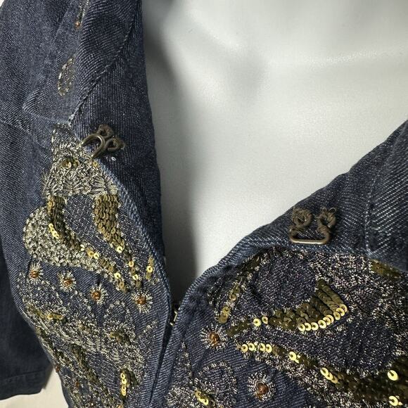 Chicos Embellished Denim Jacket Size 2 Gold Sequin Beaded Jean Western Glam Y2K - Picture 4 of 16